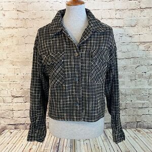 Christian Siriano Tweed Jacket Blazer Black Tan Button Up Long Sleeve Large NWT